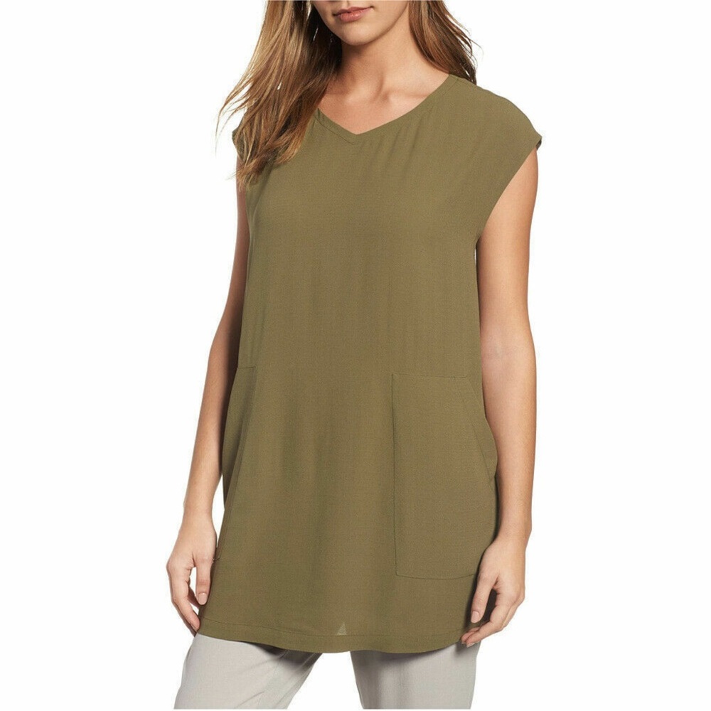 Eileen Fisher V-Neck Silk Georgette Crepe Tunic W/ Pockets In Olive